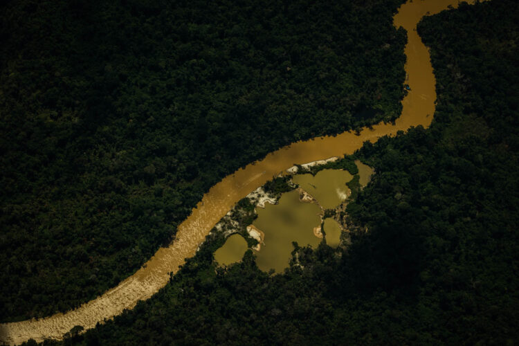 Vista aérea de uma área de garimpo abandonada no Rio Mucajaí, na Terra Indígena Yanomami, em Roraima. A cor do rio é resultado da forte presença do garimpo na região.