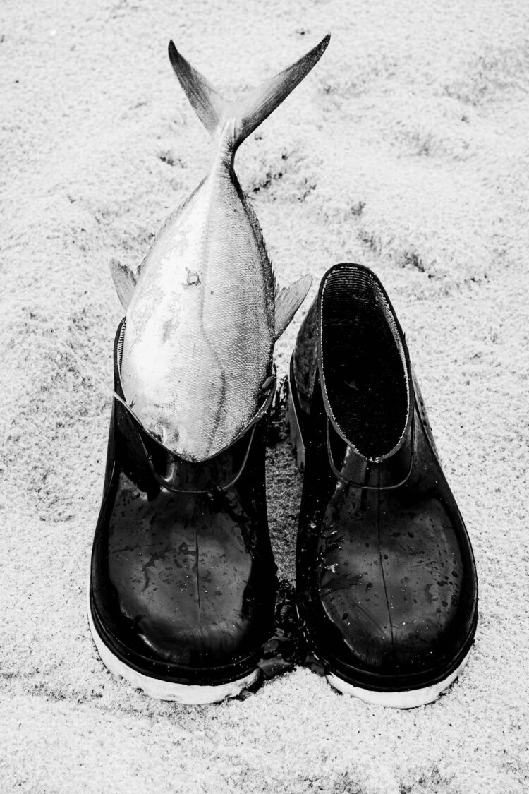 Exibição de uma pescaria - Em pesca artesanal até mesmo uma bota serve para guardar a pescaria.