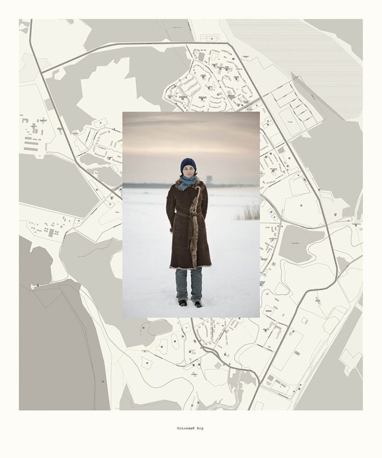 A portrait of my partner with the nuclear reactor chimney in the background, overlaid on the map of the city of Sosnovy Bor.