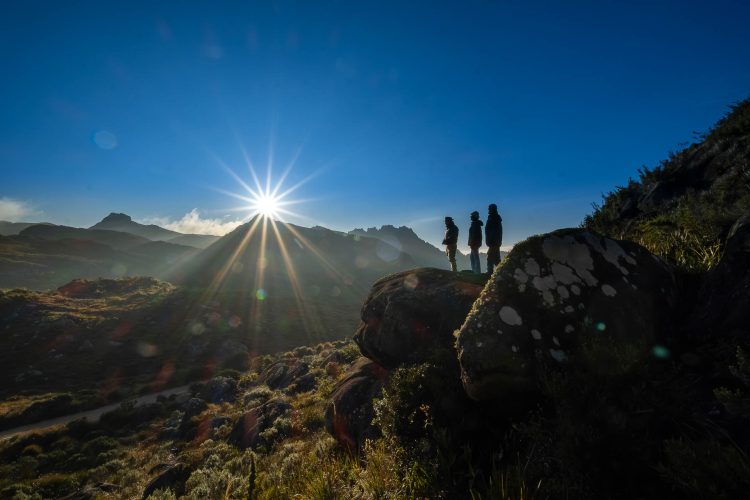 Três silhuetas se destacam no alto de uma rocha banhada pela luz dourada do amanhecer no Parque Nacional do Itatiaia. O sol desponta por trás das montanhas recortadas, lançando raios longos e cristalinos que iluminam o vale coberto de vegetação silvestre. Eles caminham em silêncio reverente rumo às pinturas rupestres ancestrais, guardadas pelas pedras e pelo tempo. O contraste entre sombra e luz revela a grandiosidade da natureza intocada, enquanto o céu límpido e profundo acolhe a jornada em busca da memória gravada nas rochas.